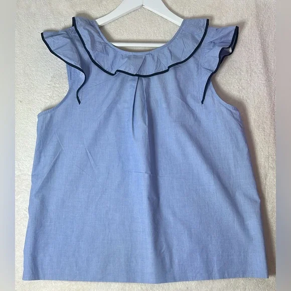 J Crew Womens s14 Ruffle Blouse Cotton Poplin Feminine Nautical Blue 100% cotton - Picture 3 of 13